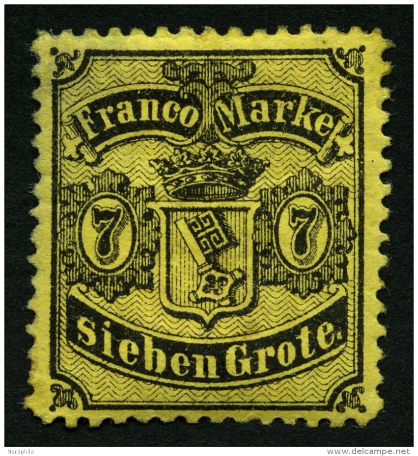 BREMEN 13 *, 1867, 7 Gr. Schwarz Auf Hellrötlichgelb, Stärkere Falzreste, Pracht, Mi. 190.- - Bremen