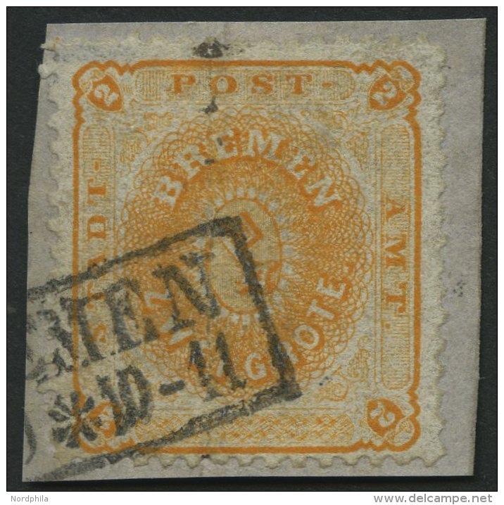 BREMEN 10a BrfStk, 1867, 2 Gr. Dunkelgelblichorange Auf Briefstück, Senkrechter Bug Und Kleine Korrektur, Feinst, M - Brême