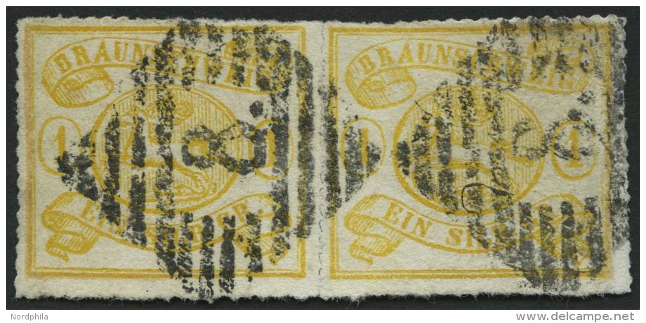 BRAUNSCHWEIG 14A Paar O, 1864, 1 Sgr. Gelbocker, Bogenförmiger Durchstich 16, Im Waagerechten Paar, Nummernstempel - Braunschweig