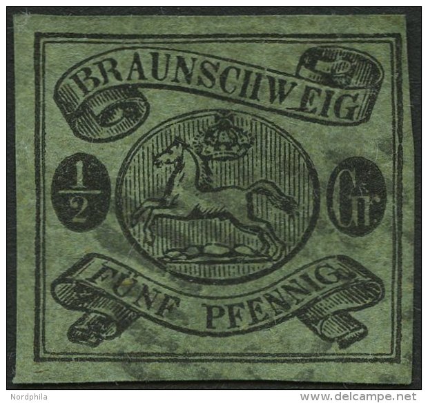 BRAUNSCHWEIG 10A O, 1863, 1/2 Gr. Schwarz Auf Lebhaftgraugrün, Pracht, Signiert H. Krause, Mi. 300.- - Brunswick