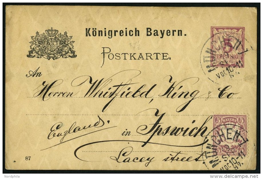 BAYERN 48 BRIEF, 1887, 5 Pf. Mittelgraupurpur Als Zusatzfrankatur Auf 5 Pf. Ganzsachenkarte (P 30), Prachtkarte Von M&Uu - Altri & Non Classificati