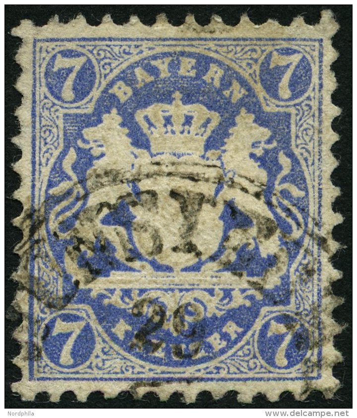 BAYERN 34 O, 1875, 7 Kr. Dunkelultramarin, Wz. 2, Eckbüge, Feinst, Gepr. Brettl, Mi. 340.- - Other & Unclassified