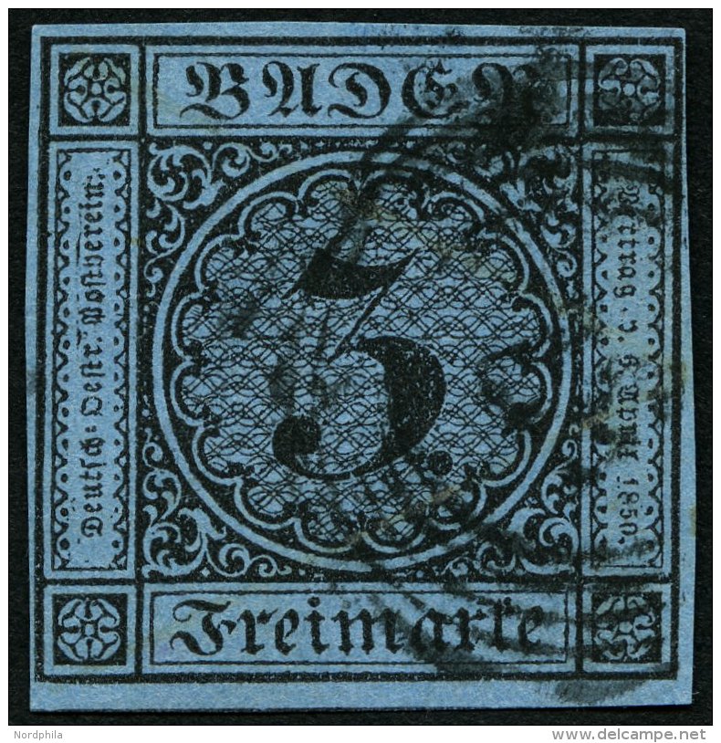 BADEN 8 O, 1858, 3 Kr. Schwarz Auf Blau, Allseits Breitrandig, Kabinett - Autres & Non Classés