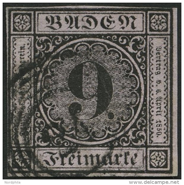 BADEN 4a O, 1851, 9 Kr. Schwarz Auf Altrosa, Nummernstempel 24, An Zwei Seiten Teils Minimal Berührt Sonst Vollrand - Autres & Non Classés