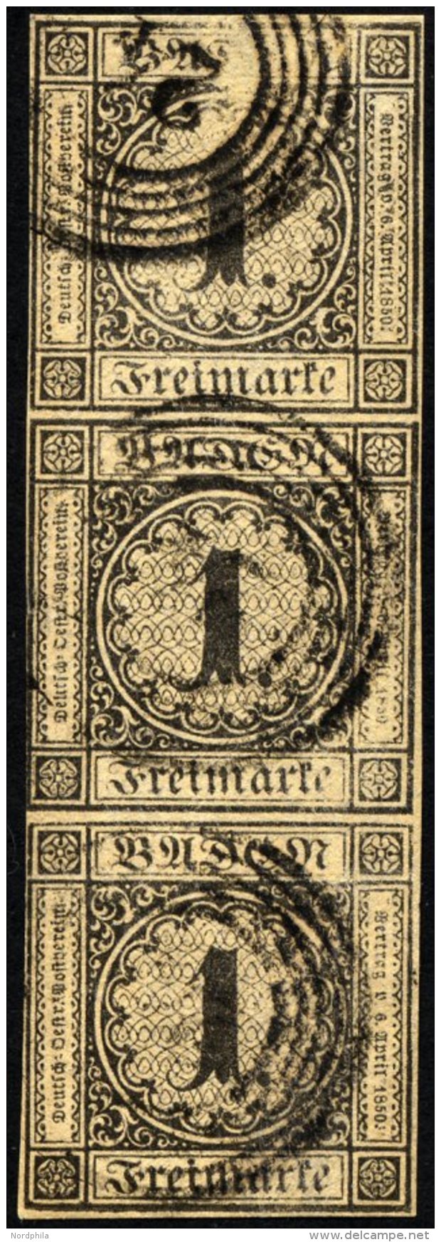 BADEN 1b O, 1851, 1 Kr. Schwarz Auf Braun, Nummernstempel 24, Im Senkrechten Fast Allseits Vollrandigen Dreierstreifen, - Altri & Non Classificati