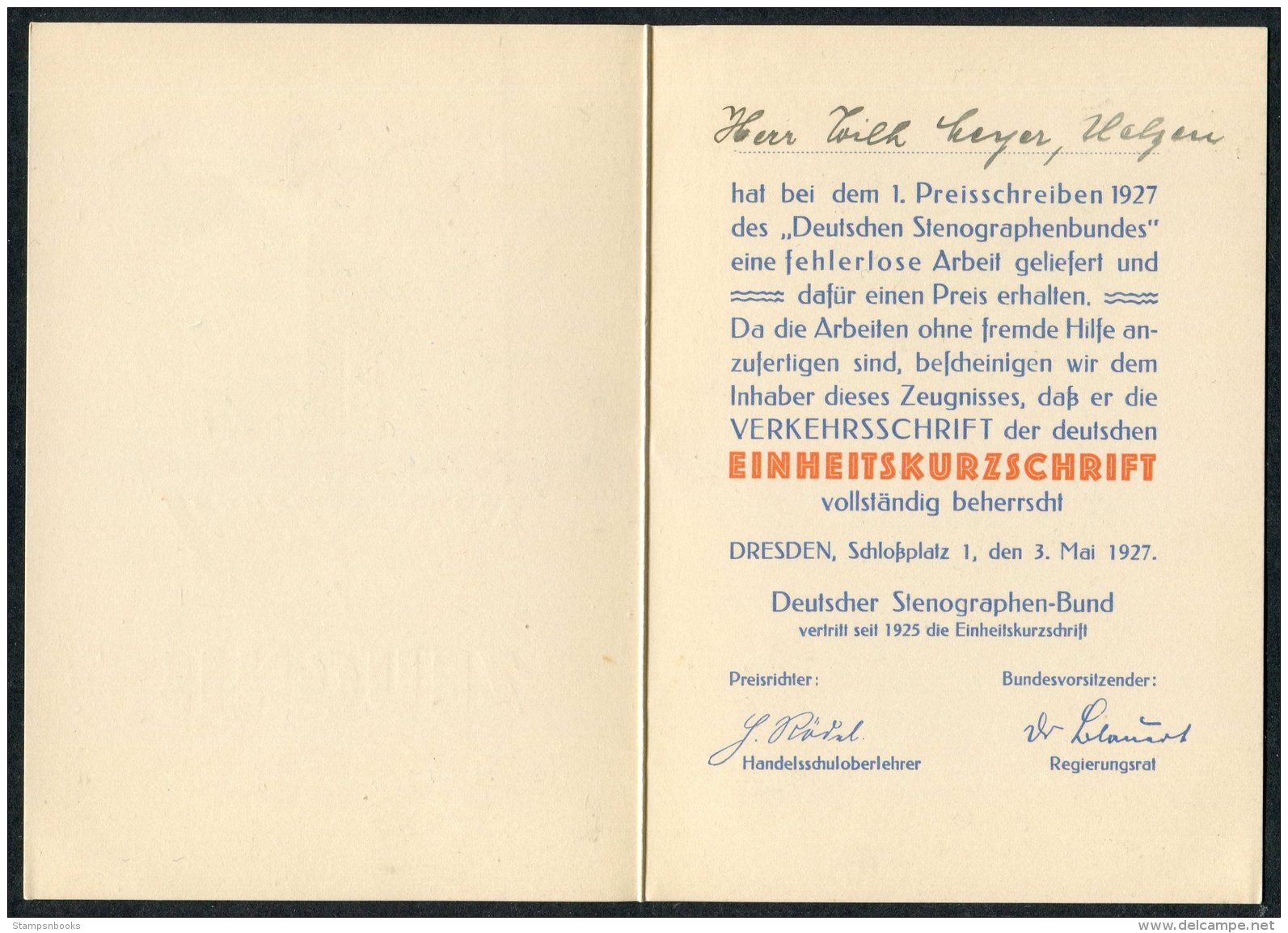 1927 Germany Dresden Zeugnis Deutscher Stenographen Einheitskurzschrift, Deutschen Stenographenbundes Certificate - Diploma & School Reports