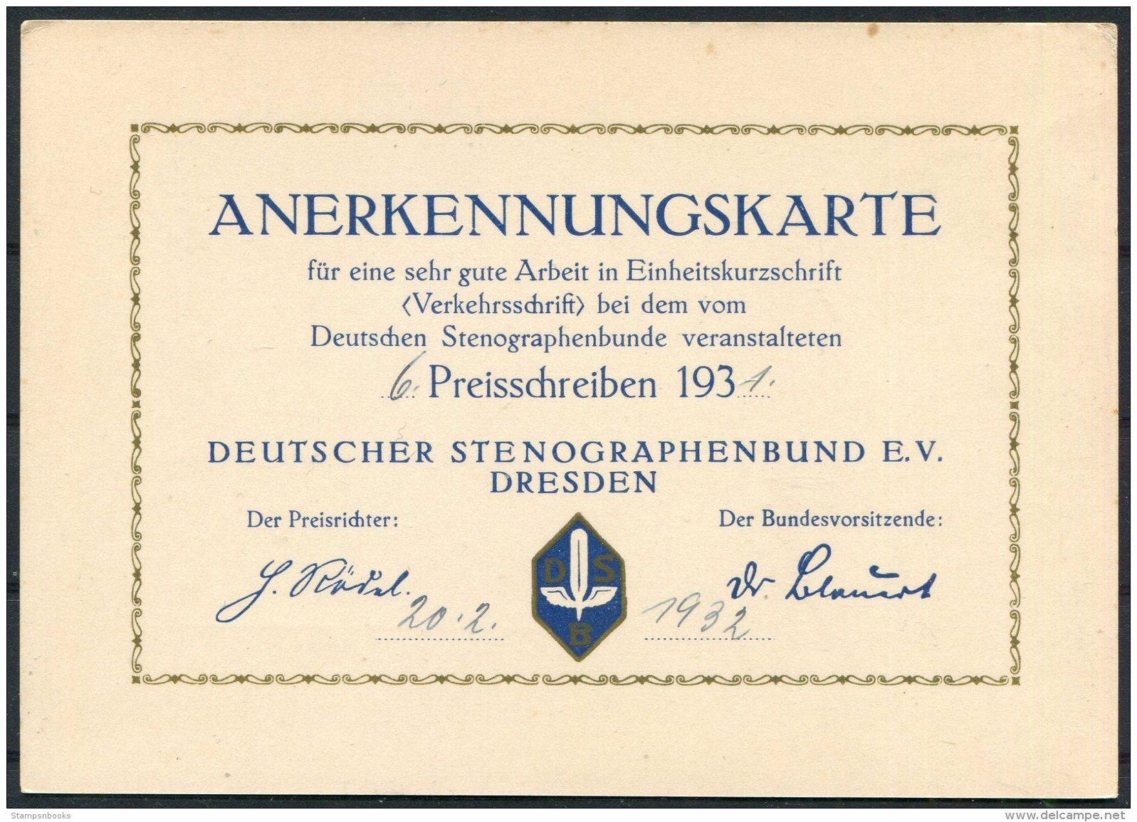 1931 Germany Dresden Deutscher Stenographen Anerkennungskarte , Deutschen Stenographenbundes Certificate - Diplomi E Pagelle