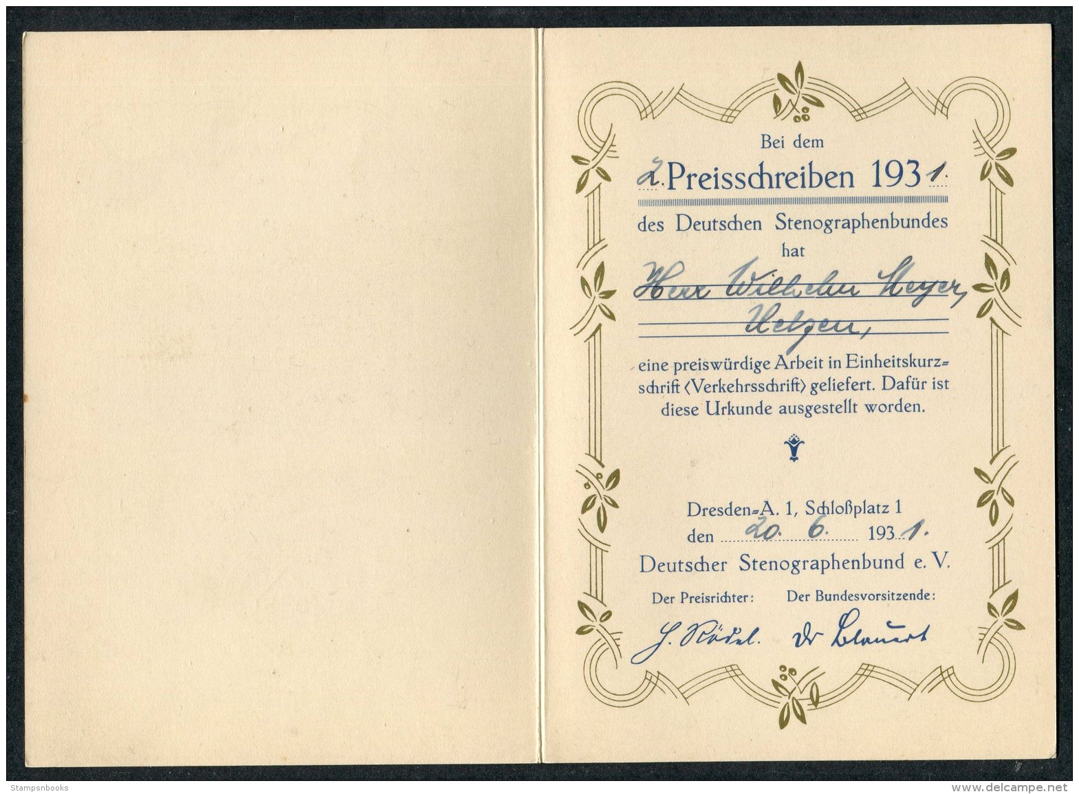 1931 Germany Dresden Deutscher Stenographen Preisschreiben , Deutschen Stenographenbundes Certificate - Diploma & School Reports