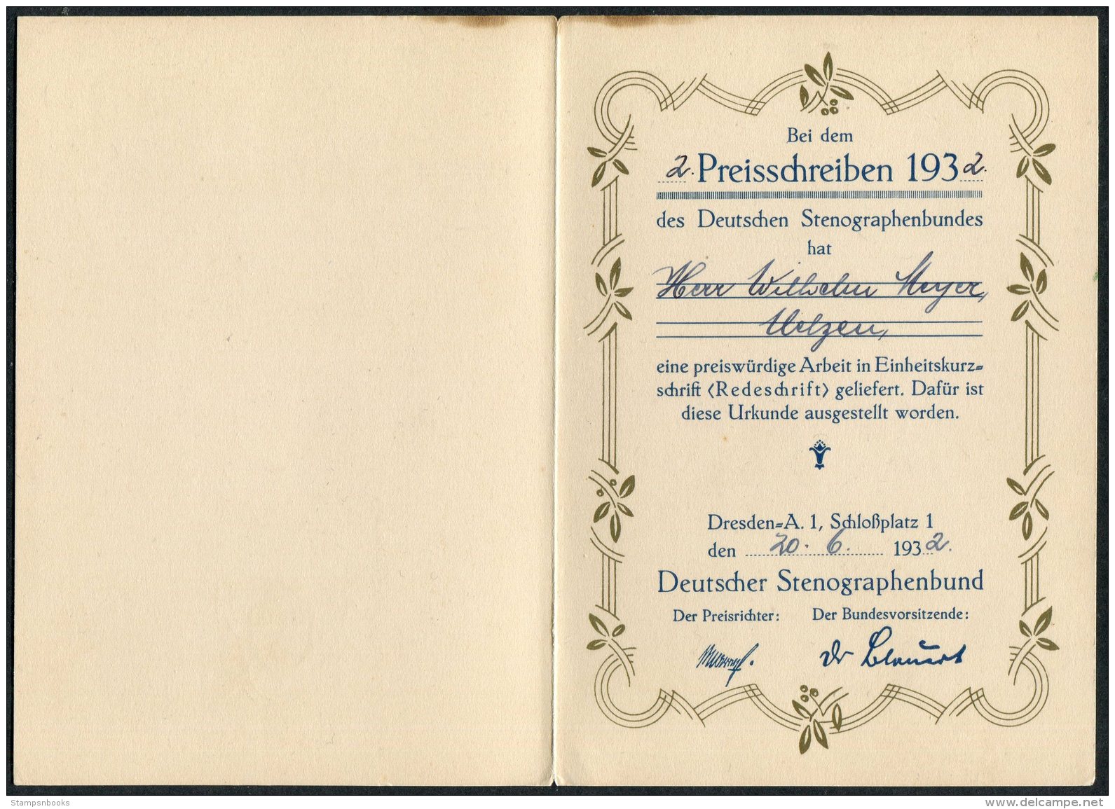 1932 Germany Dresden Deutscher Stenographen Preisschreiben , Deutschen Stenographenbundes Certificate - Diploma & School Reports