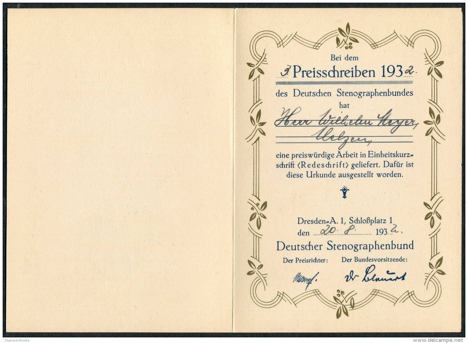 1932 Germany Dresden Deutscher Stenographen Preisschreiben , Deutschen Stenographenbundes Certificate - Diploma & School Reports