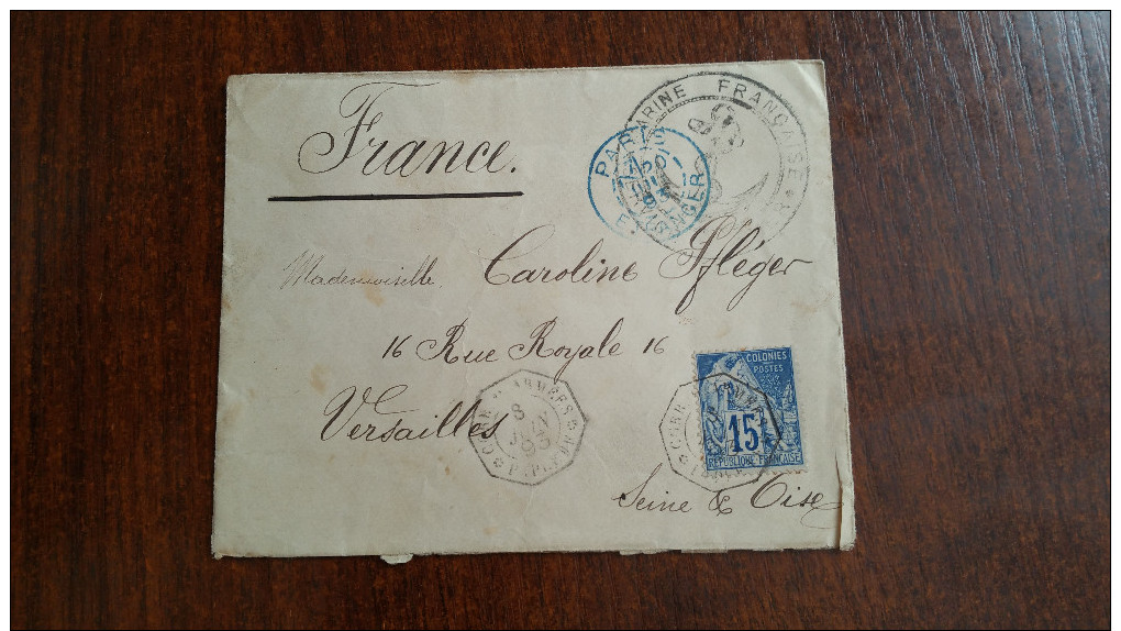 LETTRE TAHITI PAPEETE CORRESPONDANCE D´ARMEES CAD 8/06/1893 Pour Versailles SUR 15c Type Alphée Dubois COTE 2000 EUROS - Lettres & Documents