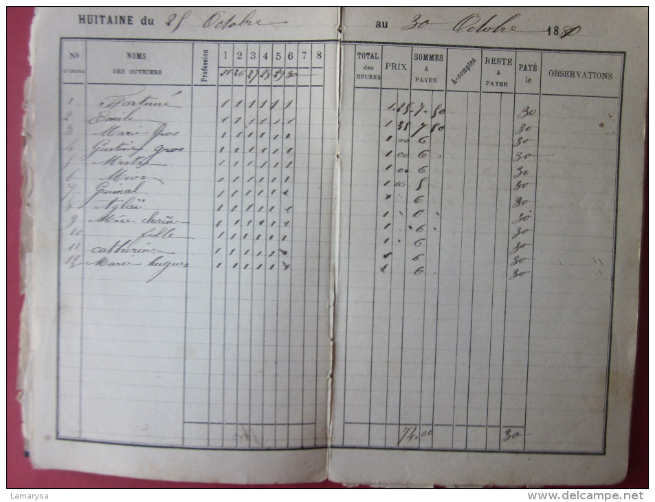 MANUSCRIT HUITAINES DE 1880 à 1884 COMPTES FAITS PAR JOURNEE DE 1.50 à 6 FR DIVISION PAR HEURE DU PRIX.... - Manuskripte