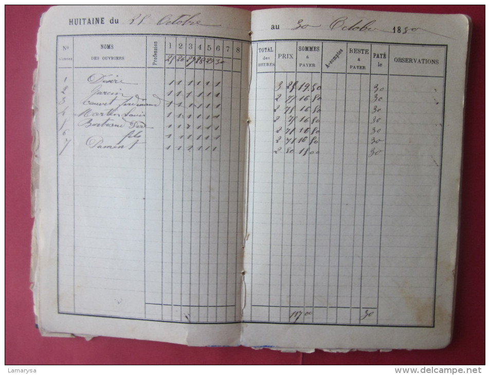 MANUSCRIT HUITAINES DE 1880 à 1884 COMPTES FAITS PAR JOURNEE DE 1.50 à 6 FR DIVISION PAR HEURE DU PRIX.... - Manuscripten