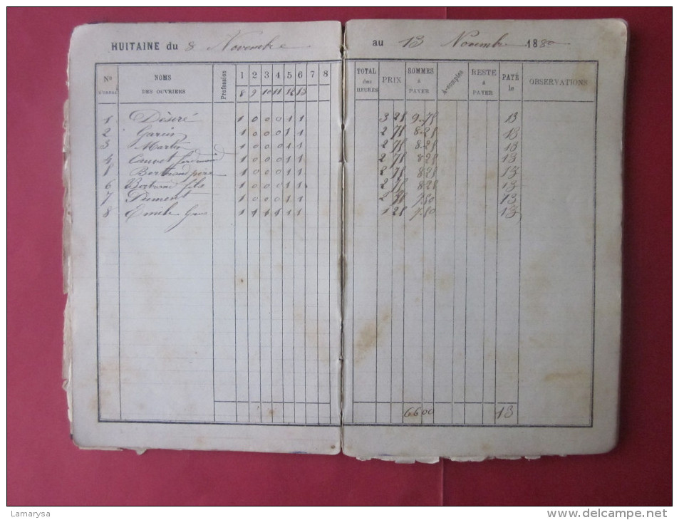 MANUSCRIT HUITAINES DE 1880 à 1884 COMPTES FAITS PAR JOURNEE DE 1.50 à 6 FR DIVISION PAR HEURE DU PRIX....