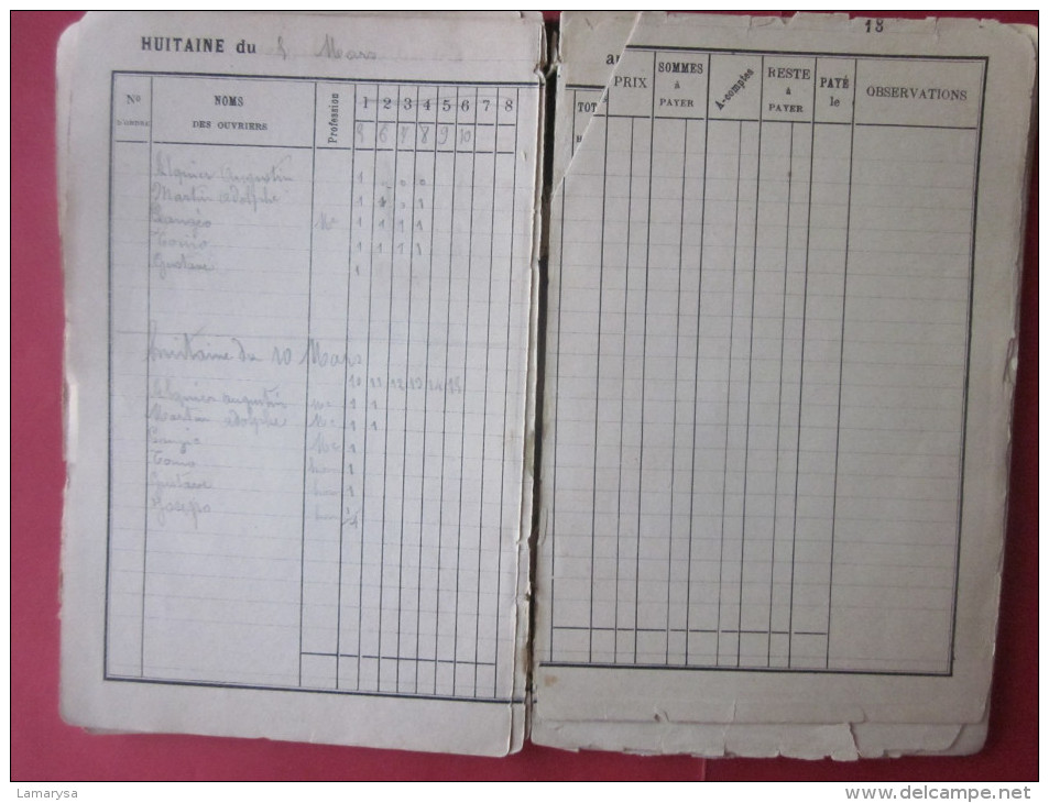 MANUSCRIT HUITAINES DE 1880 à 1884 COMPTES FAITS PAR JOURNEE DE 1.50 à 6 FR DIVISION PAR HEURE DU PRIX....