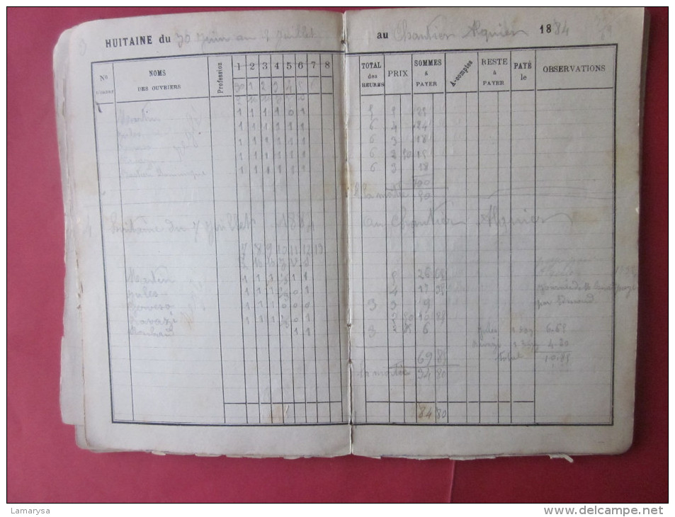 MANUSCRIT HUITAINES DE 1880 à 1884 COMPTES FAITS PAR JOURNEE DE 1.50 à 6 FR DIVISION PAR HEURE DU PRIX....