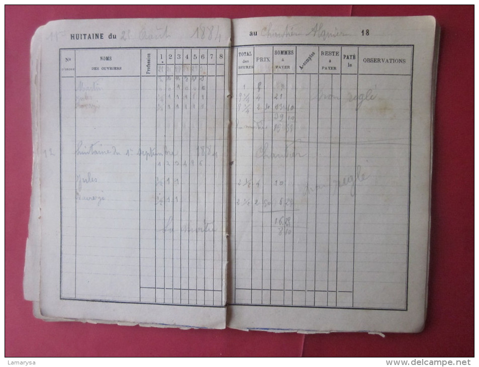 MANUSCRIT HUITAINES DE 1880 à 1884 COMPTES FAITS PAR JOURNEE DE 1.50 à 6 FR DIVISION PAR HEURE DU PRIX....