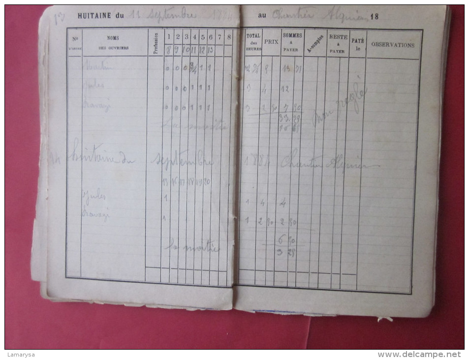 MANUSCRIT HUITAINES DE 1880 à 1884 COMPTES FAITS PAR JOURNEE DE 1.50 à 6 FR DIVISION PAR HEURE DU PRIX....