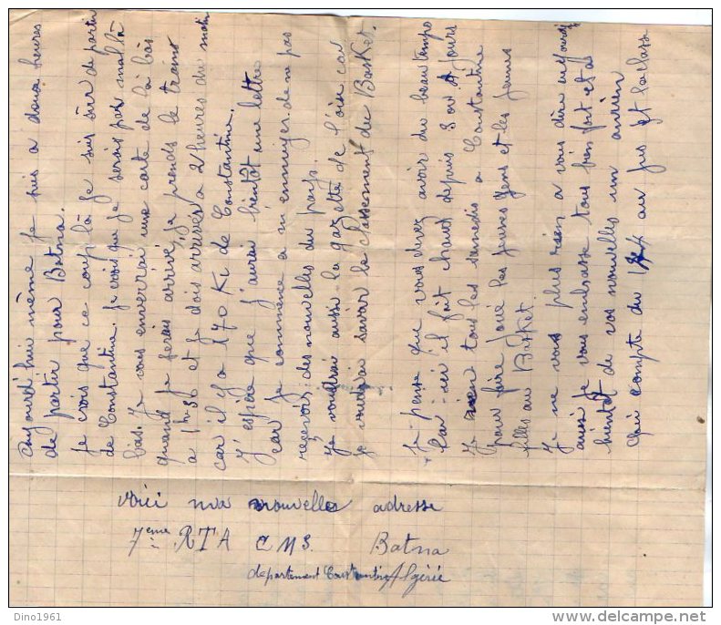 VP5381 - MILITARIA - Lettre En Franchise Militaire - Soldat P. BERGERON Au 7ème Rgt Tirailleurs Algériens à CONSTANTINE - Documenti