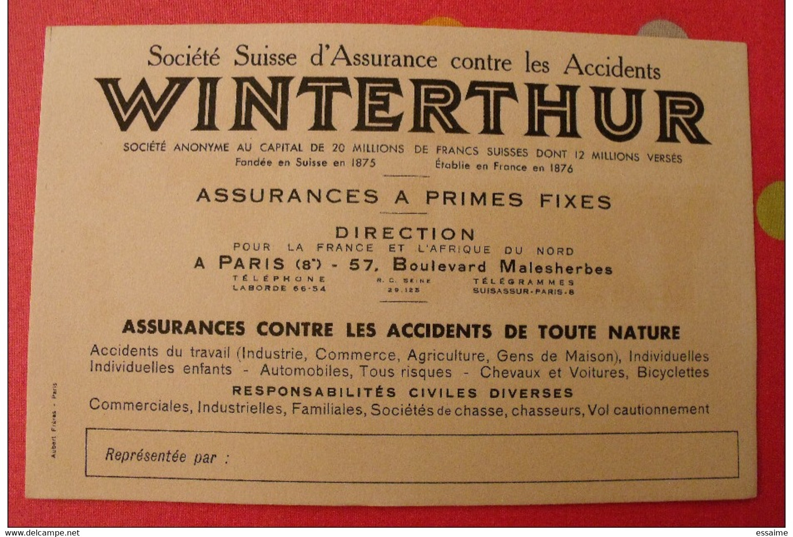 Buvard Winterthur Société Suisse D'assurance Contre Les Accidents. Vers 1950 - Bank & Versicherung