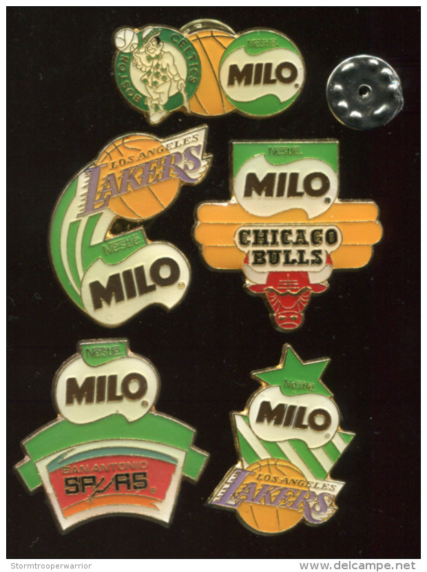 Lot 5 Pin´s - Basket Basketball LAKERS SPARS CELTICS BOSTON CHICAGO BULLS - USA Milo Nestlé - Basketball