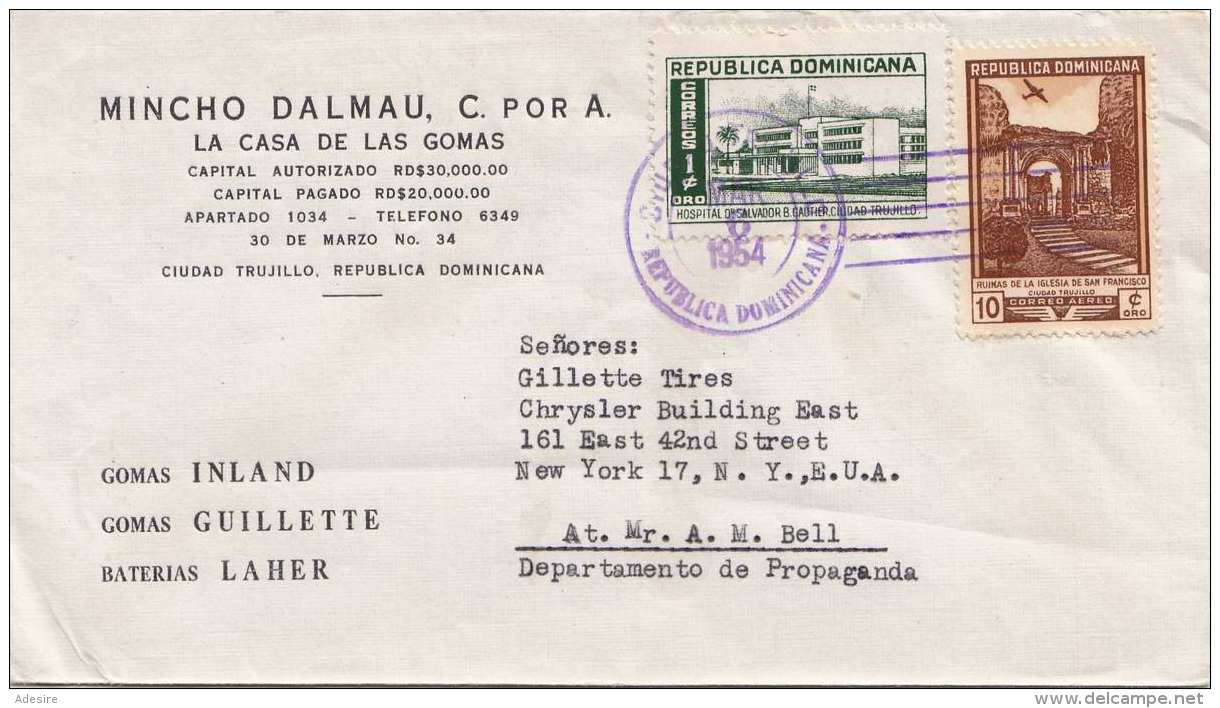 DOMINICANA 1954 - 2 Sondermarken Auf Firmenbrief Gel.v.Dominicana &gt; New York - Dominica (1978-...)