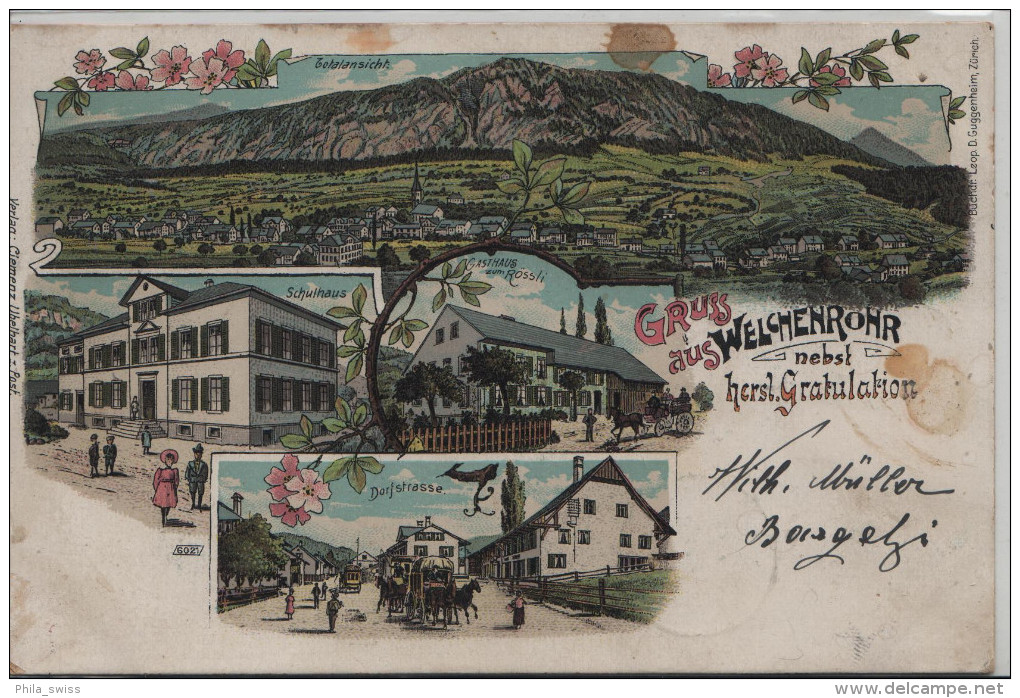 Gruss Aus Welschenrohr Nebst Hersl. Gratulation - Schulhaus, Dorfstrasse, Gasthaus Zum Rössli, Totalansicht - Litho - Autres & Non Classés