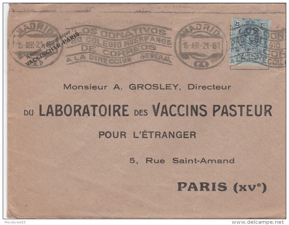 LETTRE ESPAGNE MADRID 15/4/1921 POUR PARIS FRANCE LABORATOIRE VACCINS PASTEUR - Pharmacie