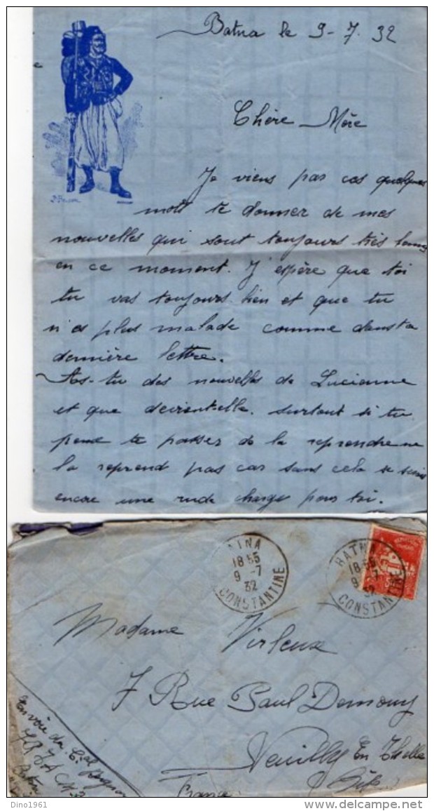 VP5384 - MILITARIA - Lettre & Enveloppe - Soldat P. BERGERON Au 7ème Rgt Tirailleurs Algériens à BATNA - Documents