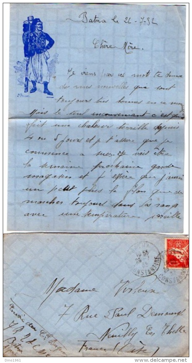 VP5386 - MILITARIA - Lettre & Enveloppe - Soldat P. BERGERON Au 7ème Rgt Tirailleurs Algériens à BATNA - Documents