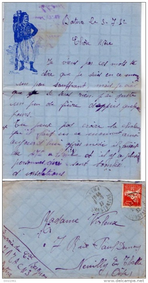 VP5388 - MILITARIA - Lettre & Enveloppe - Soldat P. BERGERON Au 7ème Rgt Tirailleurs Algériens à BATNA - Documenti