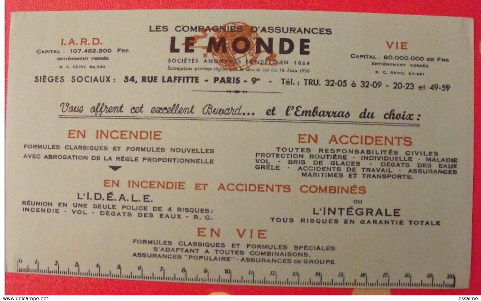 Buvard Compagnies D'assurances Le Monde Incendie Vie Accidents. Vers 1950 - Bank & Versicherung