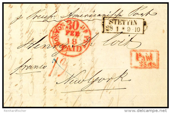 1854, Bar Bezahlter Transatlantikbrief Aus Stettin Mit Ra2 "STETTIN 28 1" Per Prussian Closed Mail Nach New York... - Autres & Non Classés