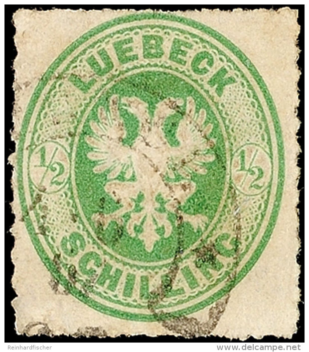 1/2 Sch. Dunkelgelblichgrün, Allseits Vollständiger Durchstich, Hufeisenstempel "LÜBECK 4 6 67"... - Luebeck