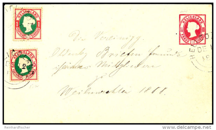 1 Pfg Leipziger Neudruck 1888, Zusammen Mit Originalmarke 5 Pfg Lilakarmin/grün Auf Ganzsachen-Umschlag 10... - Héligoland