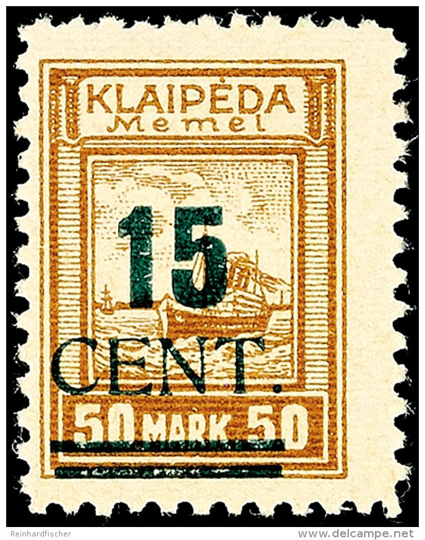 15 Cent Grünaufdruck, Aufdruck In Type I, Tadellos Postfrisch, Unsigniert, Fotoattest Thilo Nagler VP (2016):... - Memel (Klaïpeda) 1923