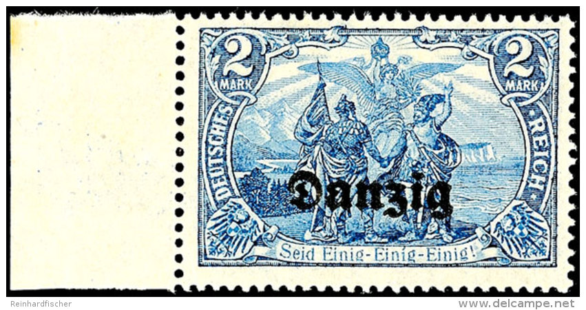 2 Mark Deutsches Reich Mit Aufdruck "Danzig", Schwärzlichblau Bis Schwarzblau, Vom Linken Bogenrand, Tadellos... - Sonstige & Ohne Zuordnung