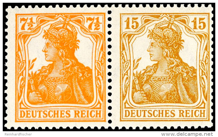 Germania 1916/17, 7 1/2 Pfg Orange + 15 Pfg Gelbbraun, Waagerechter Zusammendruck, Tadellos Postfrisch, Unsigniert,... - Autres & Non Classés