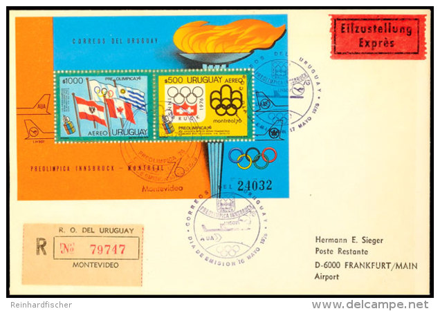 1976 Sommer-Olympiade MONTREAL U. Winter-Olympiade INNSBRUCK, Uruguay Block 25 Auf Eilboten-R-FDC Nach Lorch... - Autres & Non Classés