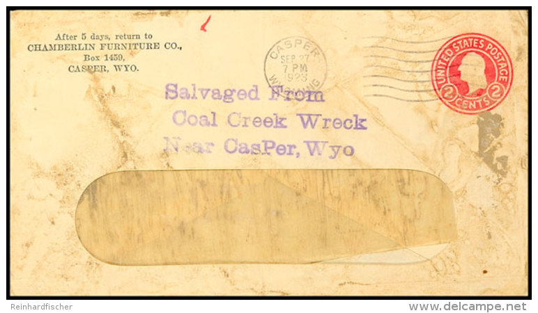 1923, "Salvaged From Coal Creek Wreck Near CasPer, Wyo.", Violetter L2 Auf 3 C. Ganzsachen-Fensterumschlag Mit... - Sonstige & Ohne Zuordnung