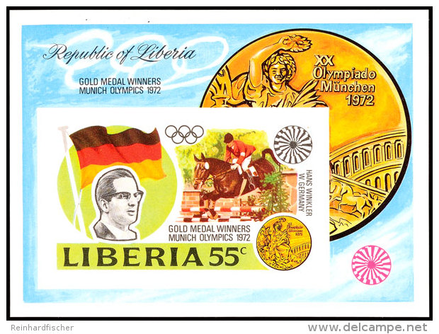 55 C. Olympiade München 1972, Goldmedaillengewinner Springreiter Hans Günter Winkler, Blockausgabe... - Liberia