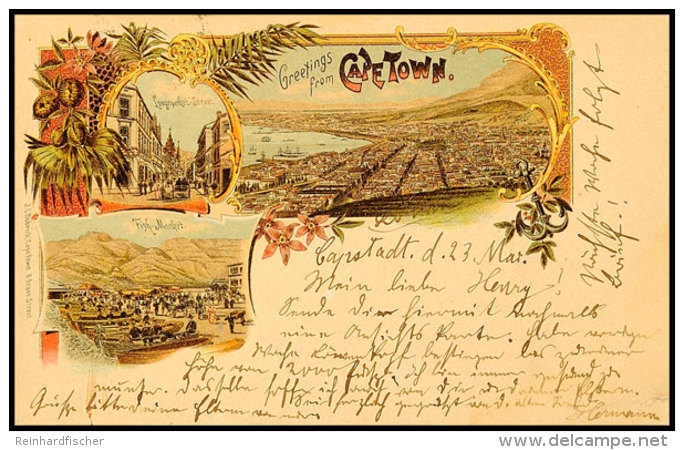 1 D. Ganzsachenkarte Mit Rückseitiger, Farbiger Ansicht "Greetings From Cape Town" Mit 3 Bildern... - Cabo De Buena Esperanza (1853-1904)
