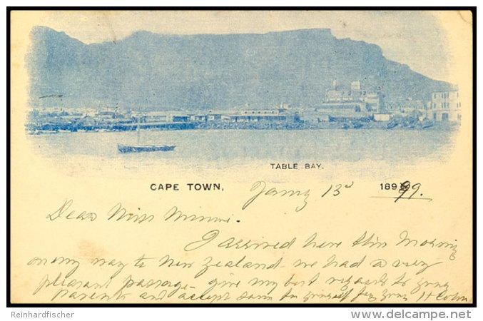 1 D. Auf 1 1/2 D. Ganzsachenkarte Mit Rückseitig Farbiger Ansicht "Cape Town - Table Bay" In Blau, Gebraucht... - Cap De Bonne Espérance (1853-1904)