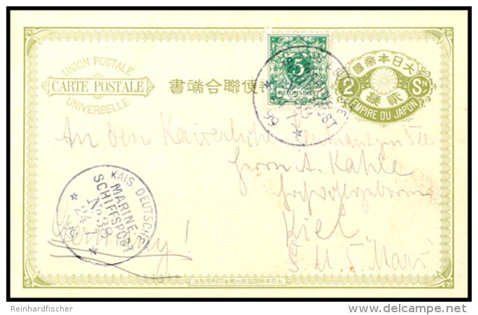 2 Sen Ganzsachenkarte Mit Zugeklebter 5 Pfg Krone-Adler-Marke Von Der 2. Japan-Reise Des Kl. Kreuzers SMS "Gefion",... - Otros & Sin Clasificación