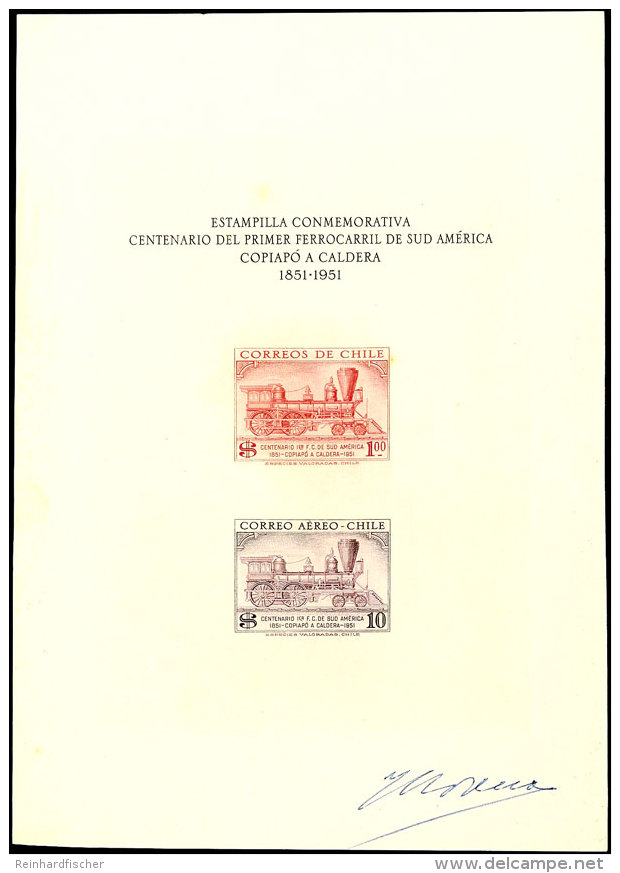 1954, Ungezähntes Gedenkblatt 100 Jahre Eisenbahn In Südamerika Mit Sondermarken 1 P. Und 10 P., Im... - Chile