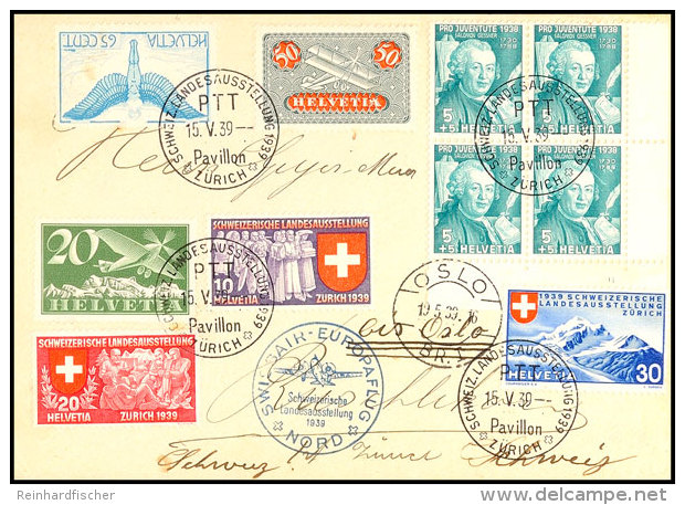 1939, "SWISSAIR EUROPAFLUG NORD Schweizerische Landesausstellung" Luftpostbrief Mit MiNr. 184 Z, 189 Z II, 331... - Autres & Non Classés