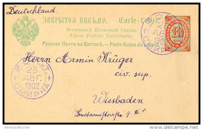 10 K. Rot/grün, Kartenbrief, Mit Violetten Stempel Von "SMYRNA 26 APR. 1902" Nach Wiesbaden, Innen Viel... - Autres & Non Classés