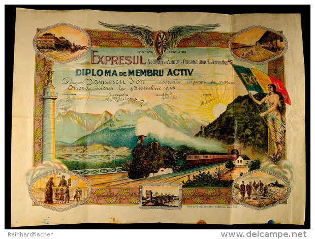 1926, Großformatiges, Farbiges Mitglieds-Diplom Einer Rumänischen Speditionsgesellschaft Von 1912 Mit... - Romania