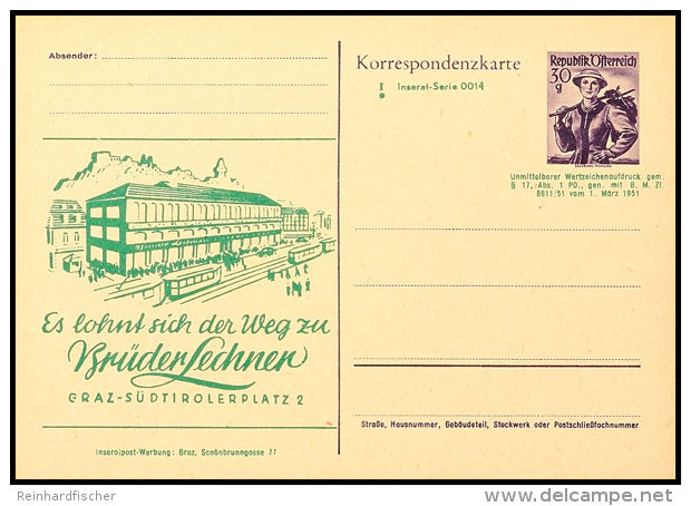 1951, 30 G. Anzeigen-Ganzsachenkarte (Inserat-Serie 0014) Mit Text- Und Bildzudruck In Grün, Ungebraucht,... - Otros & Sin Clasificación