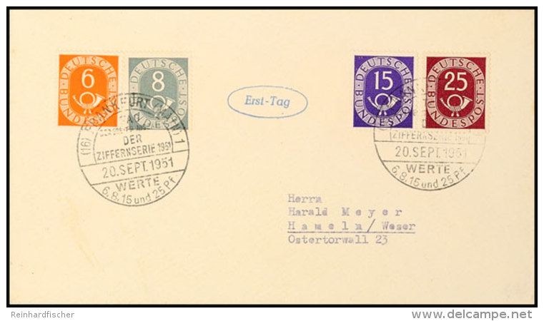 6, 8, 15, 25 Pfg Posthorn Auf FDC Mit Gleichlautendem ESST Frankfurt/Main 20.9.51, Adressiert Nach Hameln, Katalog:... - Other & Unclassified